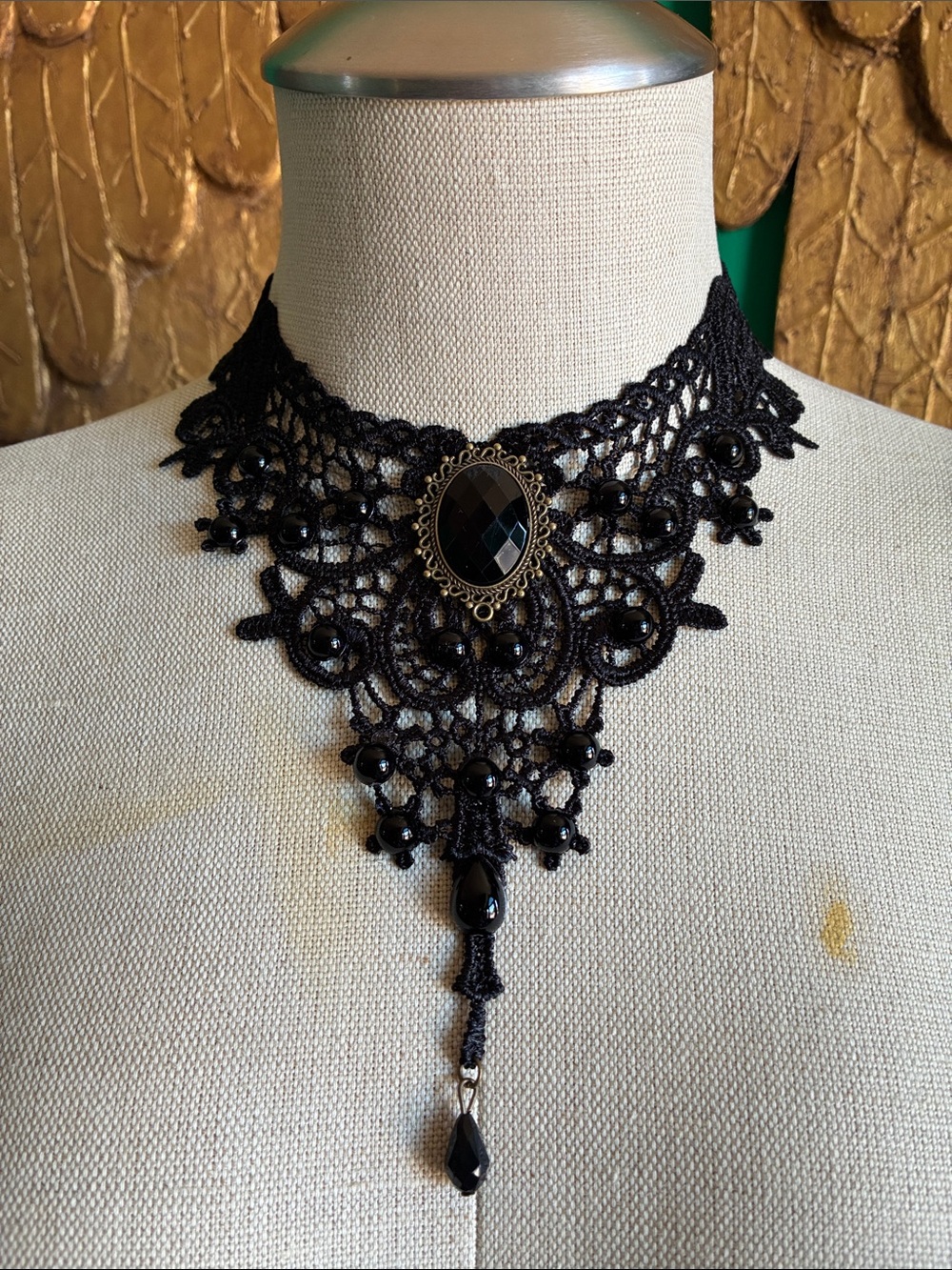 Victorian Gothic Black lace & beads choker necklace Vampire Halloween witchy